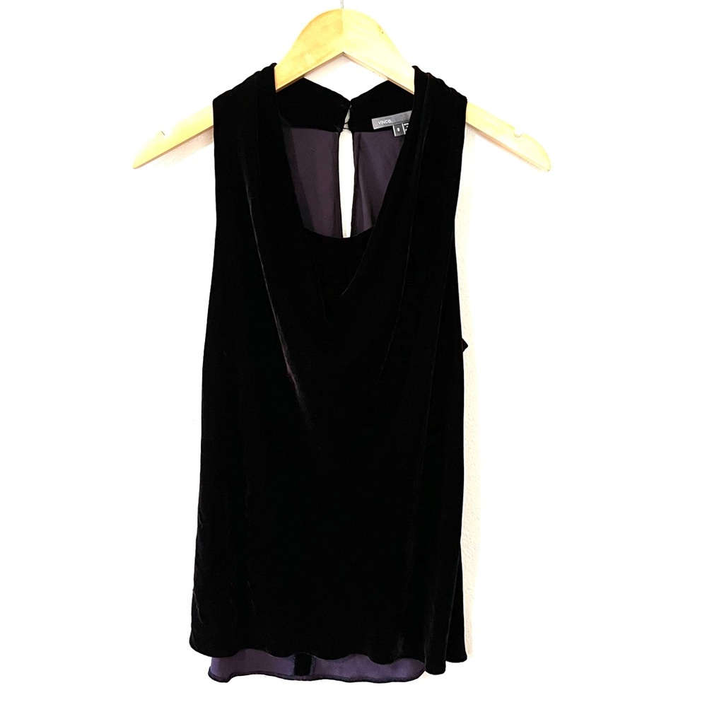 Vince deep purple plum silk Velvet Sleeveless Blouse halter draped neck sz 8